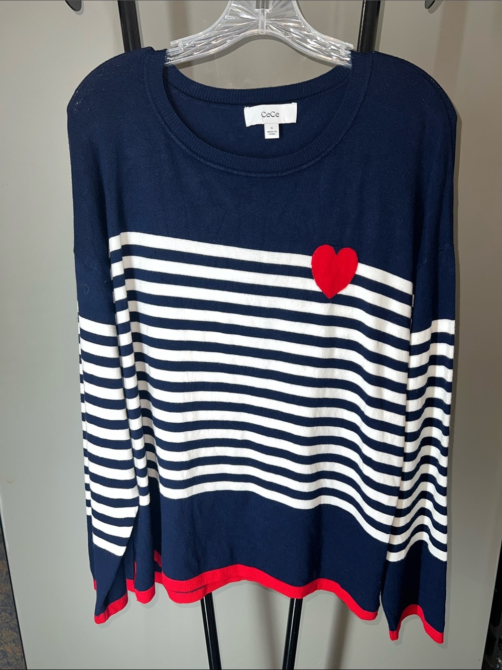 CeCe Navy, White & Red Striped Crewneck Sweater with Heart Detail
